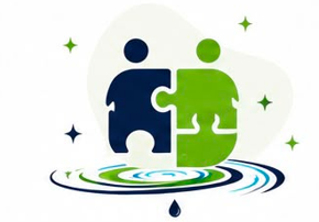 Two puzzle-piece people standing above rippling water